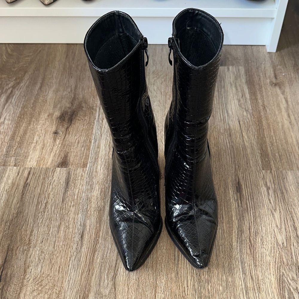 Black Croc-Embossed Ankle Boots